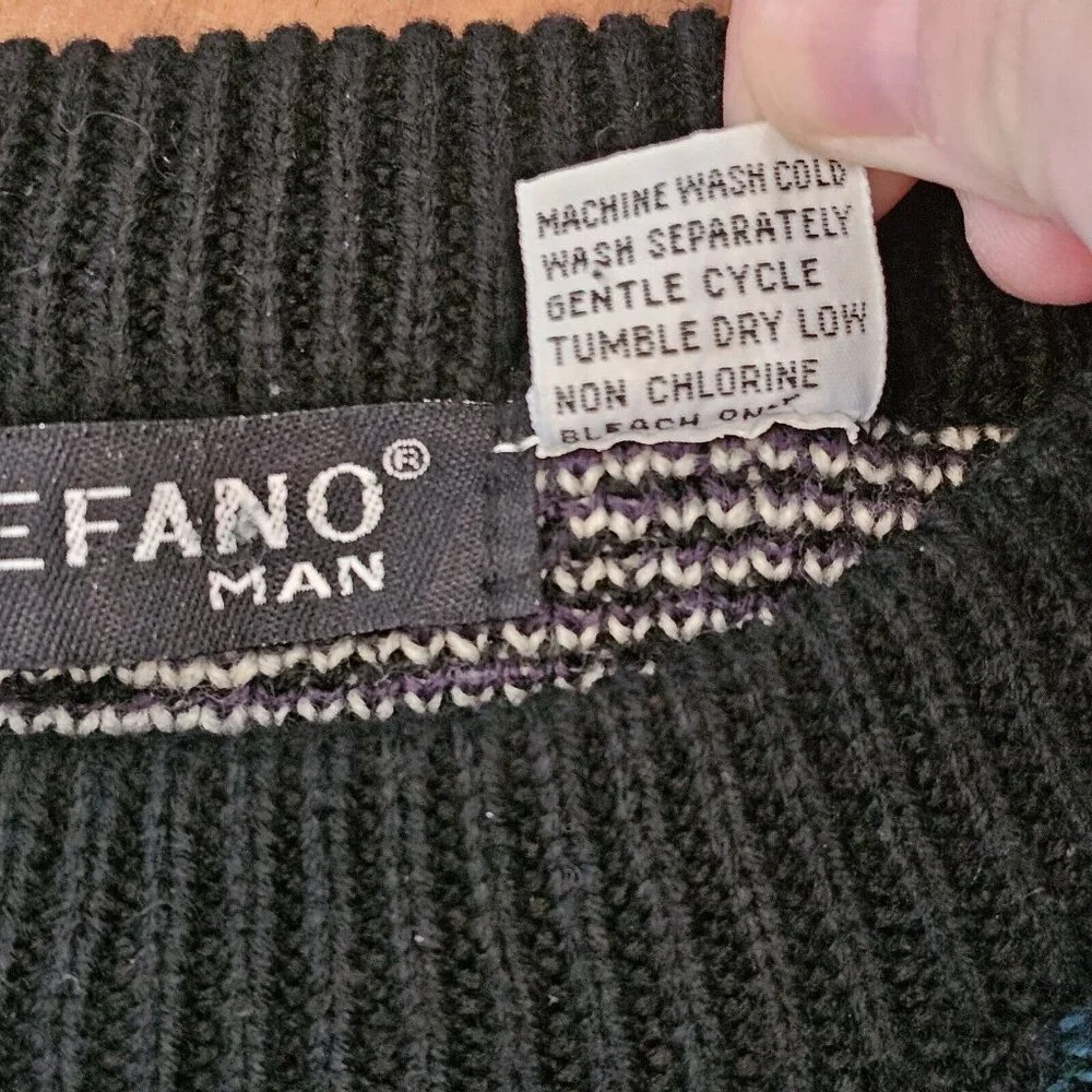 Vintage 80s 90s Mens Large Dad Sweater Faux‎ Leather Patches Geometric Retro